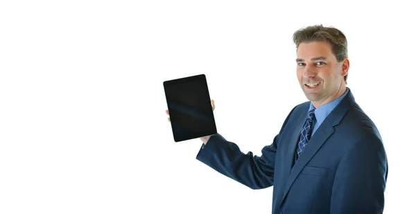 Zakenman die zijn bedrijf in een tablet — Stockfoto