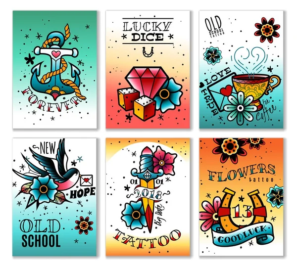 Viejo escuela tatuaje tarjetas conjunto — Vector de stock