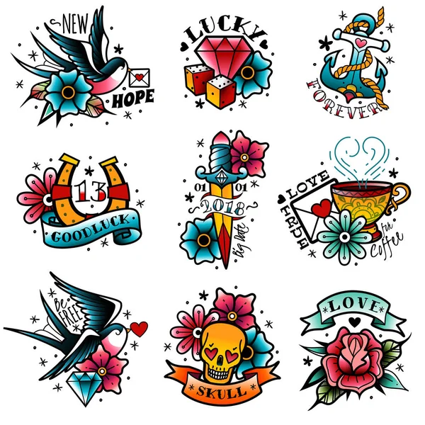 Old school tattoo emblems set Royalty Free Stock Vectors