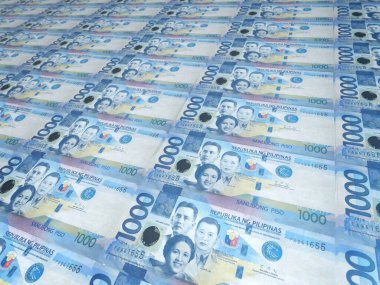 1000 adet Filipin pezosu banknotundan oluşan düzenli bir arka plan. Filipin parası. Filipinler 'in kağıt para ya da banknotları.