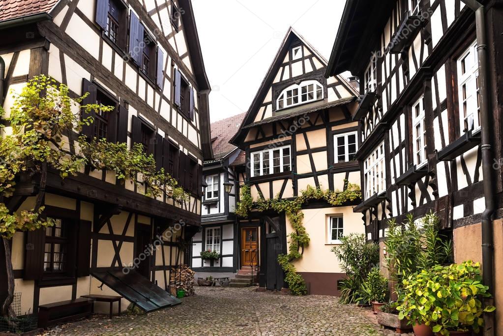 Side street with half-timbered houses in Gengenbach, Baden-Wurttemberg, Germany