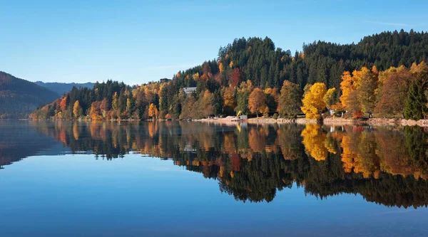 Hutan musim gugur tercermin di permukaan danau Titisee, Jerman — Stok Foto