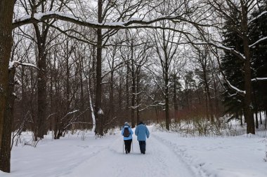 Bir erkek ve bir kadın kış parkta yürüyüş
