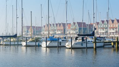Volendam, Kuzey Hollanda / Hollanda - 16 Şubat 2015: yeni bir güneşli kış sabahı limanda deniz parktan görünümünü 