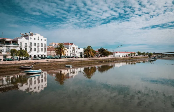 Reflection Cloudy Sky Tavira Embankment Water Gilao River Algarve Portugal — Stock Photo, Image