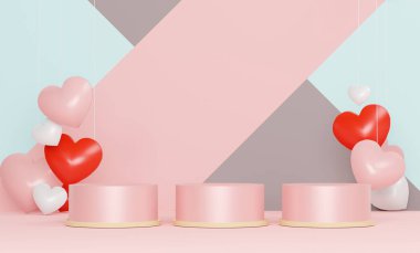 Tasarımın için lüks bir podyum. Pembe hediye kutusu, pembe balon.