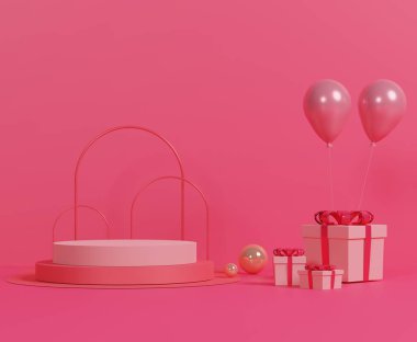 Pembe hediye kutusu ve pastel arka planda pembe balon. Mutlu Valen