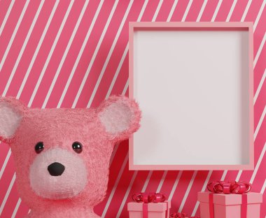 Tasarımınız için büyük oyuncak ayı ve hediye kutusu teması. Boş çerçeve