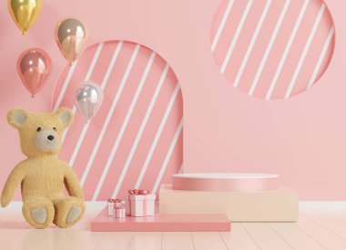 Tasarımın için lüks bir podyum. Pembe hediye kutusu, oyuncak ayı. 