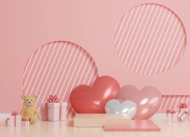 Tasarımın için lüks bir podyum. Pembe hediye kutusu, oyuncak ayı. 