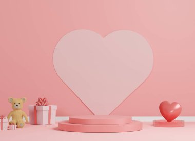 Tasarımın için lüks bir podyum. Pembe hediye kutusu, oyuncak ayı. 