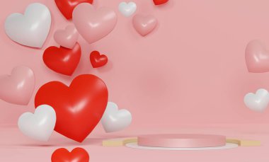 Tasarımın için lüks bir podyum. Pembe hediye kutusu, pembe balon.