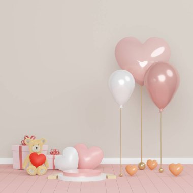 Tasarımın için lüks bir podyum. Pembe hediye kutusu, oyuncak ayı. 