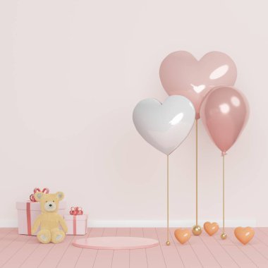 Tasarımın için lüks bir podyum. Pembe hediye kutusu, oyuncak ayı. 