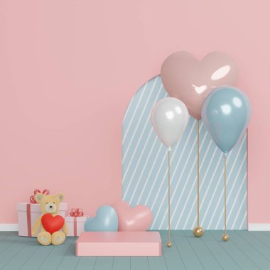 Tasarımın için lüks bir podyum. Pembe hediye kutusu, oyuncak ayı. 