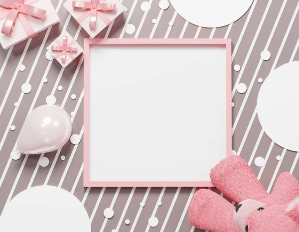 Pastel balon, oyuncak ayı ve senin tasarımın için hediye kutusu teması. B