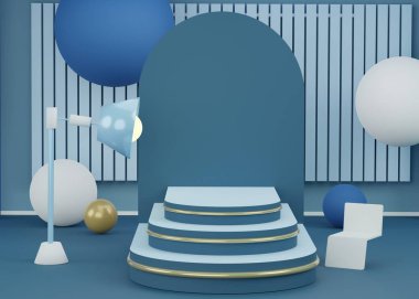 3D soyut minimum geometrik formlar. Tasarımın için lüks bir podyum. 2020 'nin klasik mavi rengi. Moda gösterisi, kaide, dükkan önü. Kozmetik gösterisi için boş sahne ve maket.