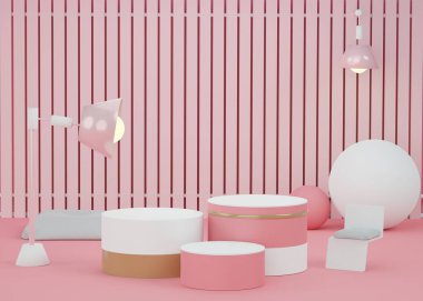 3D soyut minimum geometrik formlar. Tasarımın için lüks bir podyum. Moda gösterisi sahnesi, kaidesi, renkli temalı dükkan önü. Kozmetik gösterisi için boş sahne ve maket.