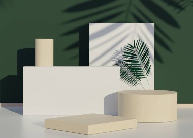 Üç boyutlu asgari geometrik. Moda, tropikal palmiye yaprakları gölgeler ve Monstera bitkileriyle sahne podyumunu gösteriyor. Ürün gösterisi ve maketi için boş sahne. Yaz zamanı arkaplanı