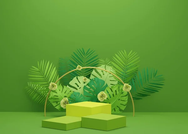 Boyutlu Asgari Geometrik Moda Tropikal Palmiye Yaprakları Monstera Bitkileriyle Sahne — Stok fotoğraf