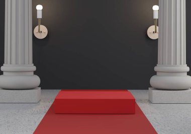 Üç boyutlu asgari geometrik. Moda podyumu sütun, sütun ve kırmızı halıyla süslenmiş. Ürün gösterisi ve maketi için boş sahne. Antik Yunan tarzı konsept.