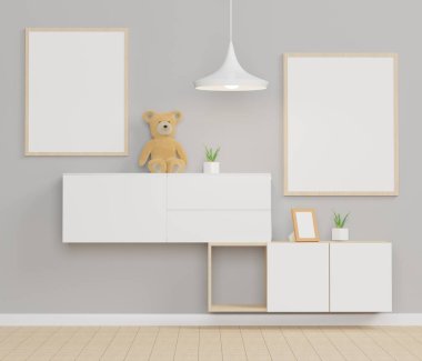 Duvarda asılı duran oyuncak ayı ve masayla dekore edilen güzel sahneyi taklit etmek için 3 boyutlu boş poster çerçevesi. Yaratıcı fikir kavramı.