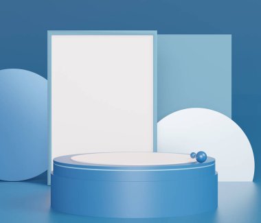 3D soyut minimum geometrik formlar. Tasarımın için lüks bir podyum. 2020 'nin klasik mavi rengi. Moda gösterisi, kaide, dükkan önü. Kozmetik gösterisi için boş sahne ve maket.