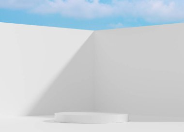 3D soyut minimum geometrik formlar. Tasarımın için lüks bir podyum. Moda sahnesi, kaidesi, mavi gökyüzü ve bulutları olan dükkan önü. Kozmetik gösterisi için boş sahne ve maket.