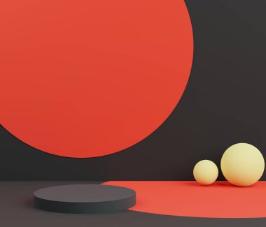 3D soyut minimalist geometrik formlar. Moda tasarımı için lüks bir podyum. Moda gösterisi sahnesi, kaidesi, renkli temalı dükkan önü. Model için boş sahne.