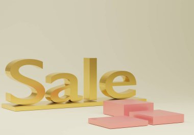 3D soyut minimalist geometrik formlar. Satış metniyle gösterişli lüks podyum. Moda gösterisi sahnesi, kaidesi, renkli temalı dükkan önü. Model için boş sahne.