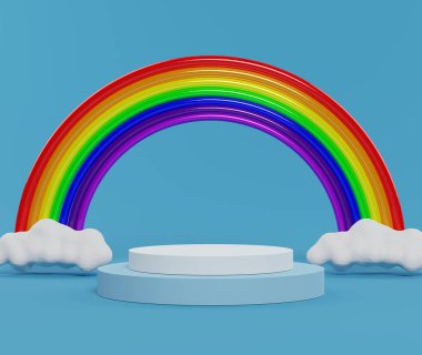 3D soyut minimalist geometrik formlar. Pastel Blue temalı, gökkuşağı ve bulutlu bir podyum. Moda gösterisi, kaide, dükkan önü. Model için boş sahne.