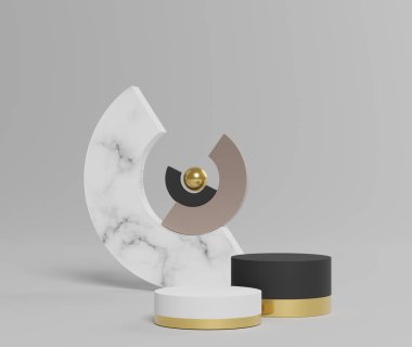 3D soyut minimum geometrik formlar. Tasarımınız için basit geometrik formları olan parlak beyaz mermer lüks podyum. Sanat dekorları. Sofistike ve Minimalist fikir.