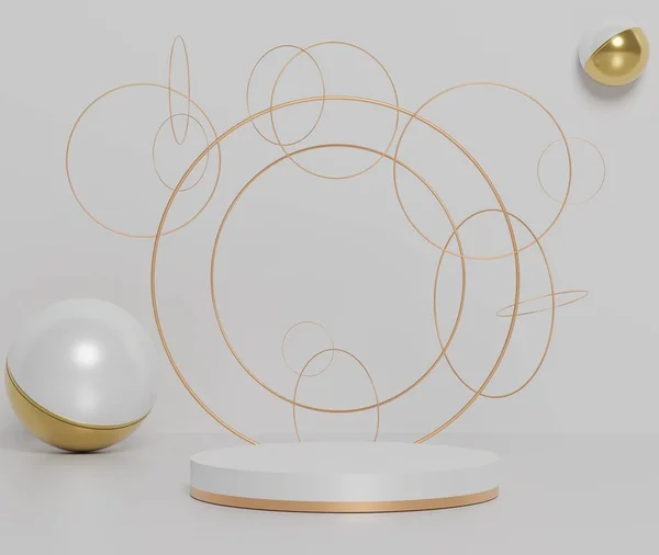 Abstrato Formas Geométricas Mínimas Pódio Luxo Brilhante Com Anéis Circulares — Fotografia de Stock