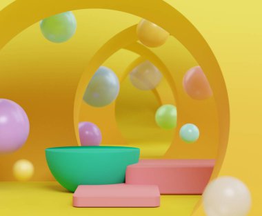 3D soyut minimalist geometrik formlar. Pastel gradyan, topun çeşitli renginde tasarımınız için lüks podyum. Moda gösterisi sahnesi, kaidesi, renkli temalı dükkan önü. Model için boş sahne.