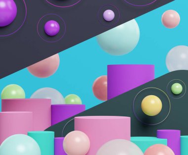 3D soyut minimalist geometrik formlar. Pastel gradyan, topun çeşitli renginde tasarımınız için lüks podyum. Moda gösterisi sahnesi, kaidesi, renkli temalı dükkan önü. Model için boş sahne.