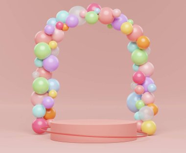 3D soyut minimalist geometrik formlar. Pastel gradyan, topun çeşitli renginde tasarımınız için lüks podyum. Moda gösterisi sahnesi, kaidesi, renkli temalı dükkan önü. Model için boş sahne.