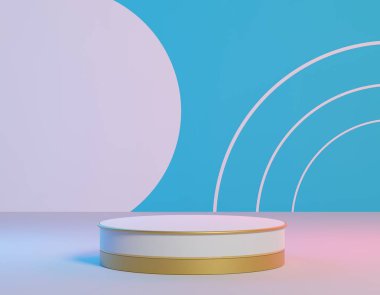 Üç boyutlu soyut geometrik formlar. Gerçekçi podyum ve platformlarla en az sahne. Modern tasarım sahneyi, kaideyi, mağaza önünü gösteriyor. Ürün sunumu için boş sahne.