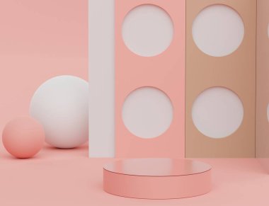 3D soyut minimalist geometrik formlar. Tasarımınız için pembe mercan lüks podyum. Moda gösterisi sahnesi, kaidesi, renkli temalı dükkan önü. Ürün sunumu için boş sahne.