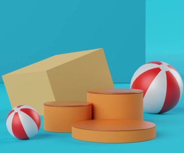 3D soyut minimalist geometrik formlar. Tasarımın için pastel lüks podyum gösterisi. Moda gösterisi sahnesi, kaidesi, alışveriş merkezi sahili topu ve yüzme ringi. Ürün sunumu için boş sahne.