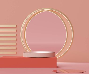 3D soyut minimalist geometrik formlar. Tasarımınız için pembe mercan lüks podyum. Moda gösterisi sahnesi, kaidesi, renkli temalı dükkan önü. Ürün sunumu için boş sahne.