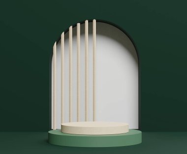 3D soyut minimalist geometrik formlar. Moda tasarımınız için lüks podyum. Moda gösterisi sahnesi, kaidesi, koyu yeşil temalı dükkan önü. Model için boş sahne.