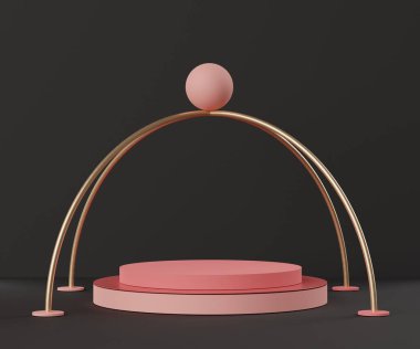 3D soyut minimalist geometrik formlar. Siyah Pembe Mercan renk temalı lüks podyum. Moda gösterisi, kaide, vitrin gösterisi. Ürün sunumu için boş sahne.