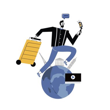 Young man vlog and jump at famous country landmark