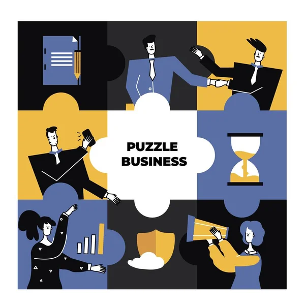 Oameni de afaceri într-un colaj de puzzle albastru — Vector de stoc