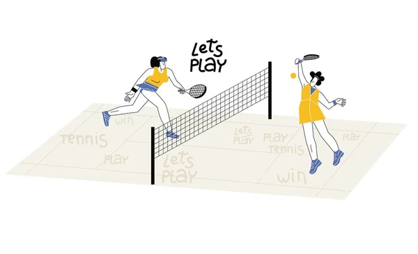 Personajes planos femeninos jugando tenis en la cancha — Vector de stock