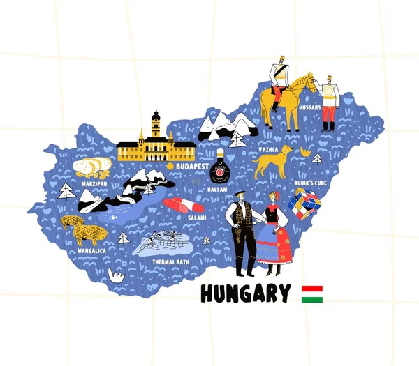 Hungria mapa desenho à mão vetor ilustração bandeira —  Vetores de Stock