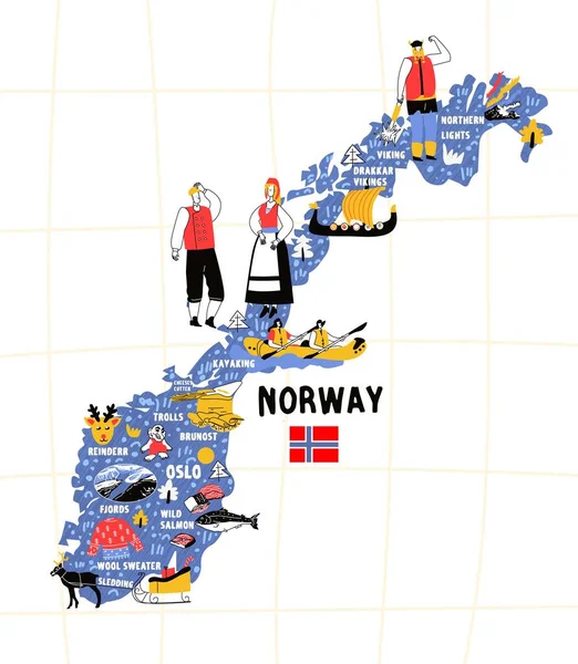 Noruega mapa desenhado à mão vetor ilustração bandeira —  Vetores de Stock