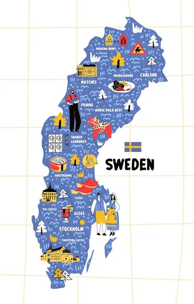 Suède carte illustration vectorielle dessinée à la main drapeau — Image vectorielle