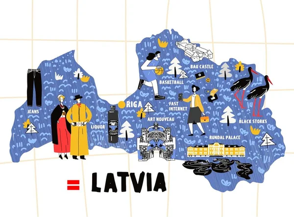 Letónia mapa desenho à mão vetor ilustração bandeira —  Vetores de Stock