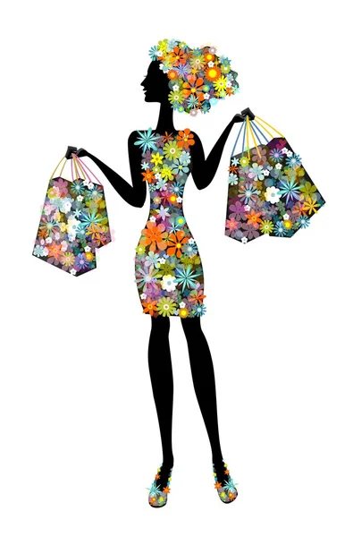 Žena v květinách, kteří jít nakupovat — Stockový vektor